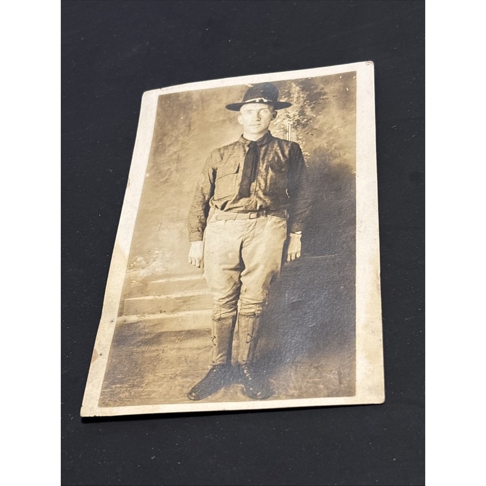 WWI Era Soldier in Campaign Hat Real Photo Postcard RPPC Studio Portrait